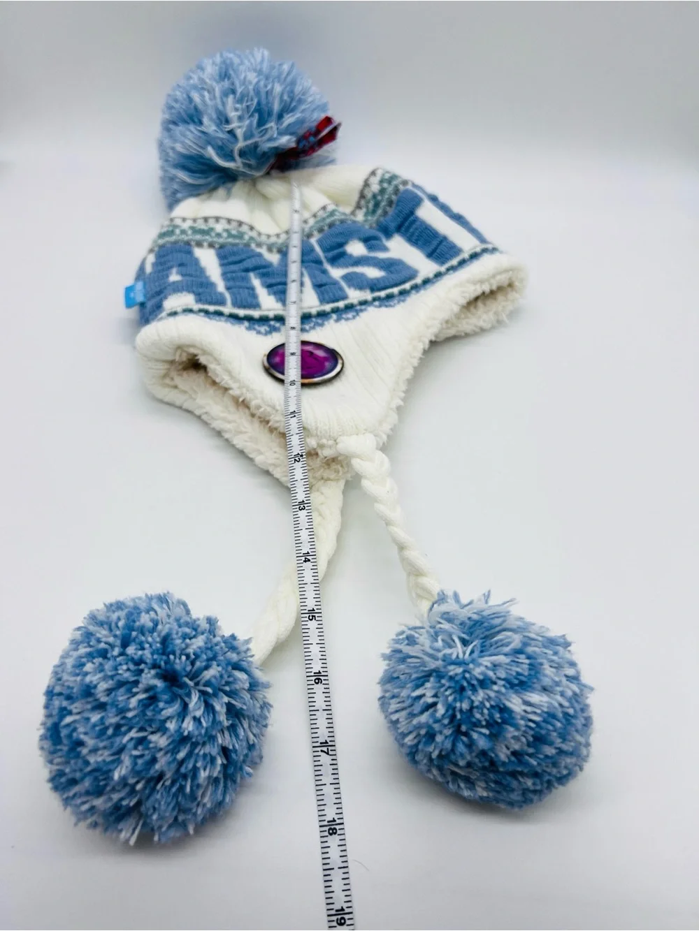 Robin Ruth Light Blue and White Pom-Pom Sherpa Earflap Hat “Amsterdam” One Size
